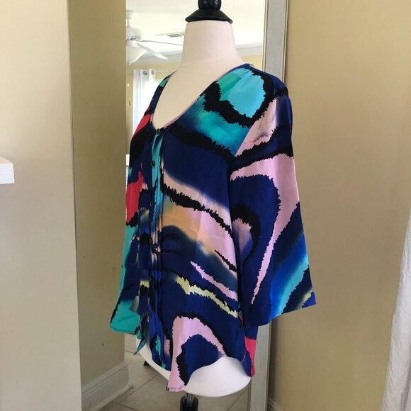 Yumi Kim Lizzie Silk Blouse Top Small Blue Abstract Watercolor Print Roomy Fit - Picture 4 of 10